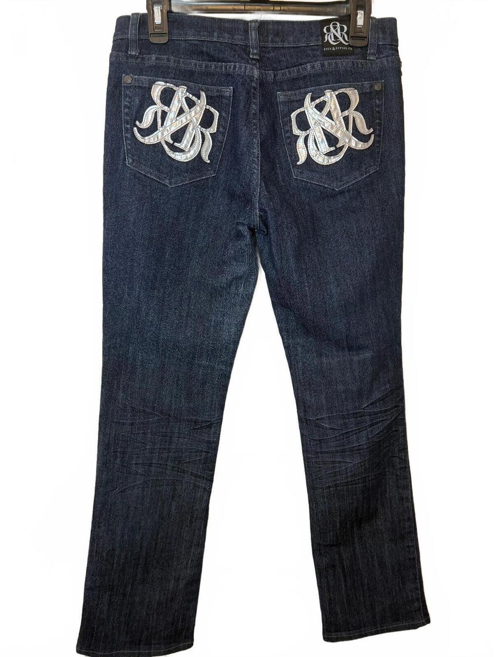 Y2K Rock & Republic Women's Dark Blue Denim Jeans Size 30 Embroidered Pockets